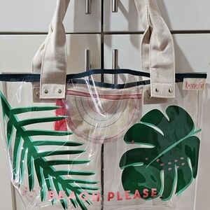 Benefit Clear Beach Tote Bag with Green and Pink Accents